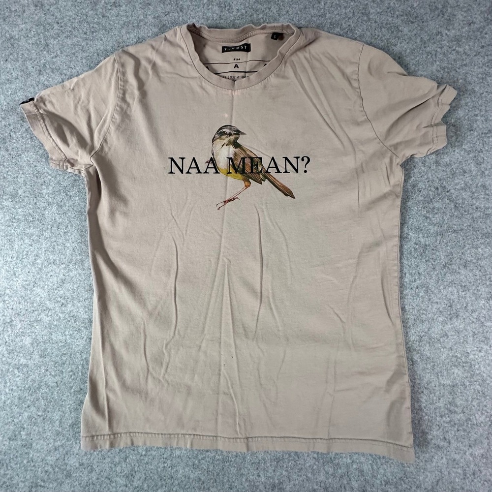 T-Post Graphic T-Shirt Mens Small Tan Naa Mean Bird Print Issue 164 Magazine